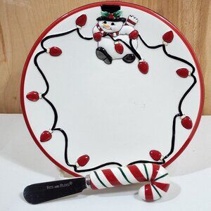 Fitz and Floyd Cheers Snowman Cheese Snack Plate & Candy Cane Spreader Christmas